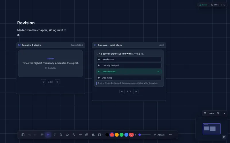 Flashcards and quizzes — made from your pages, used on the board.