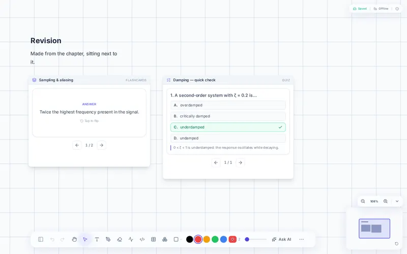 Flashcards and quizzes — made from your pages, used on the board.