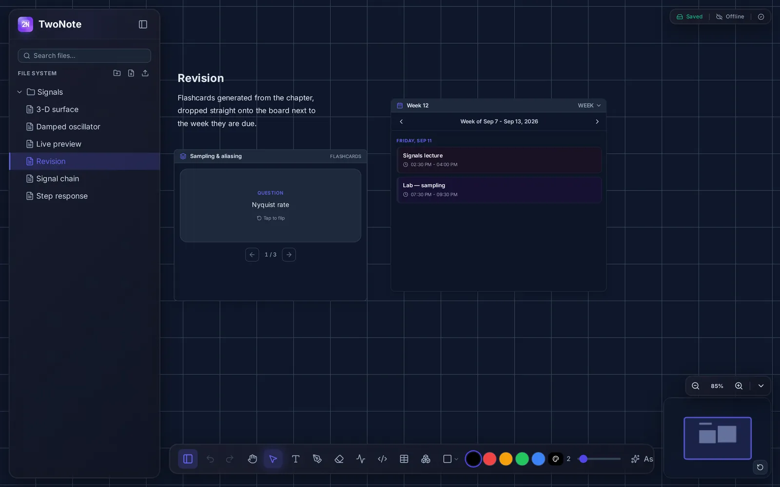 Flashcards generated from a chapter sitting on the TwoNote canvas beside a week-view calendar block.