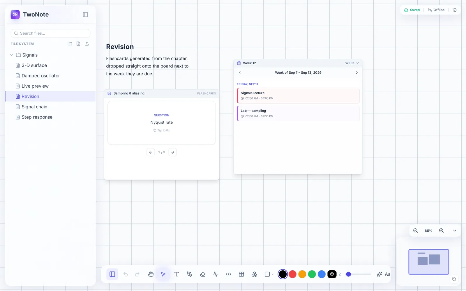 Flashcards generated from a chapter sitting on the TwoNote canvas beside a week-view calendar block.
