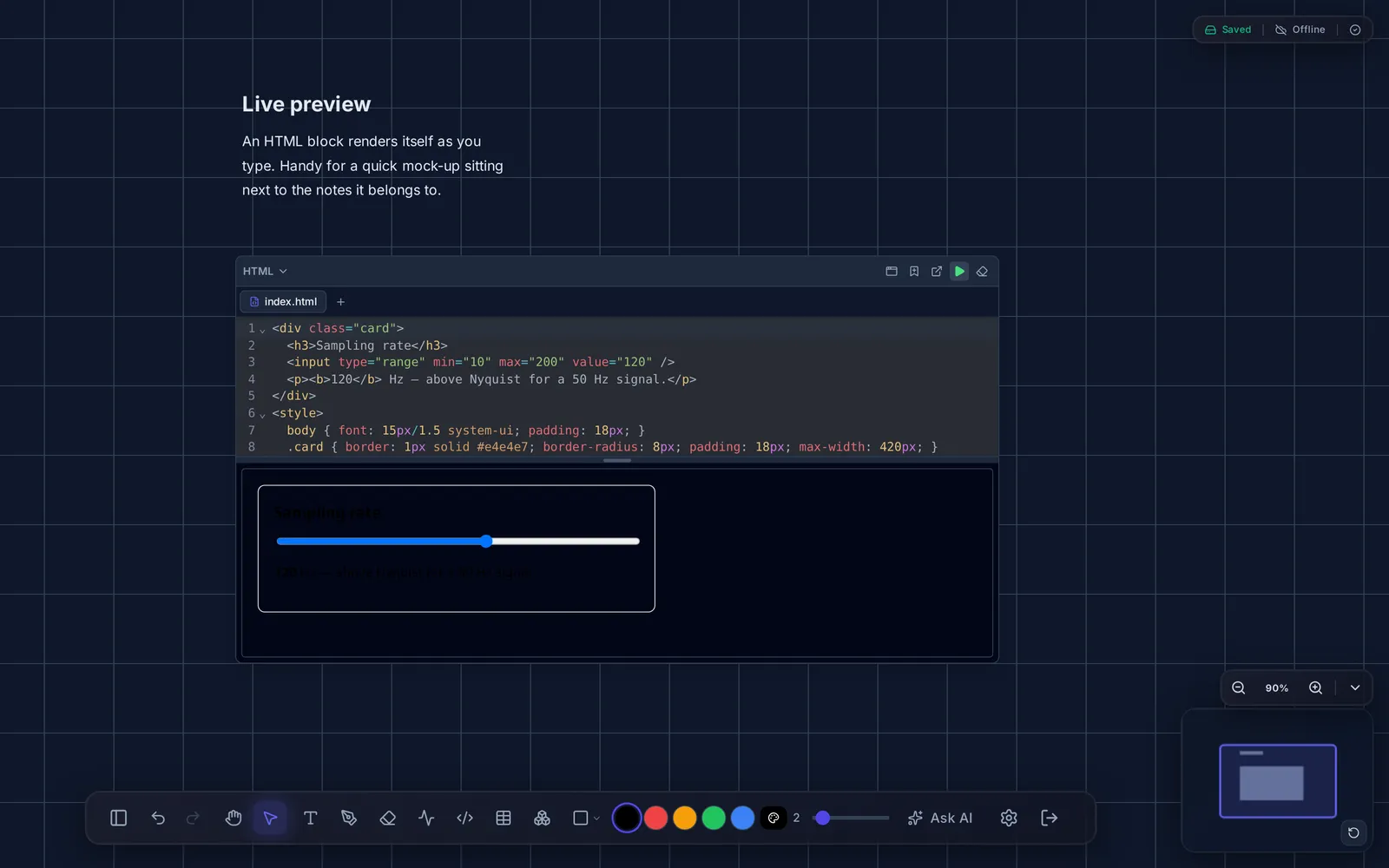 An HTML code block in TwoNote rendering its own live preview directly under the source.