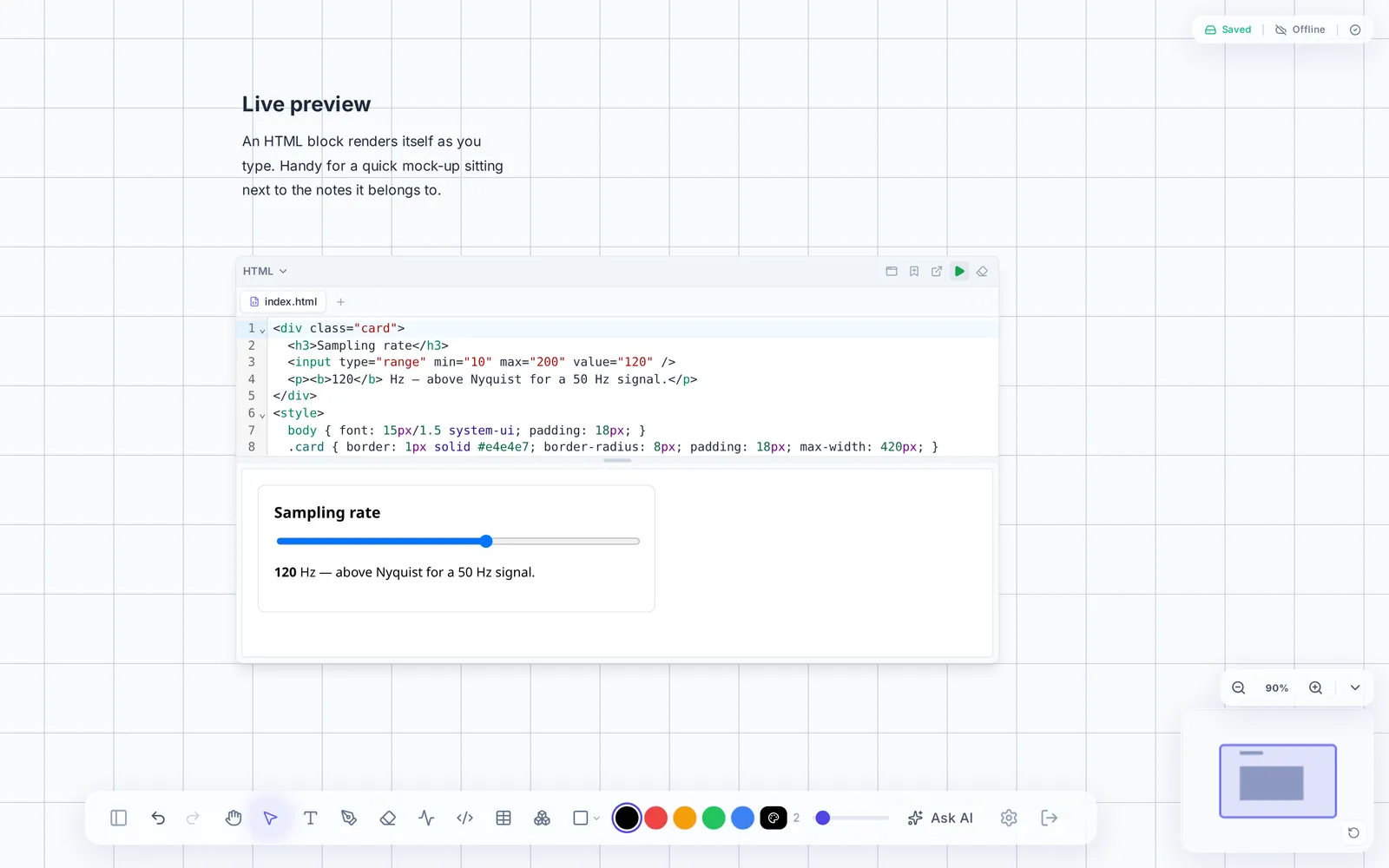 An HTML code block in TwoNote rendering its own live preview directly under the source.